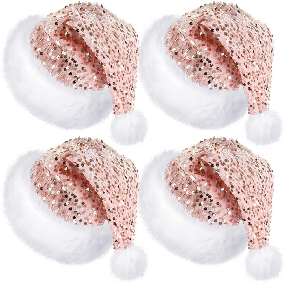6397 4 Pcs Santa Hats Shiny Sequin Christmas Hat with Plush Brim Thicken